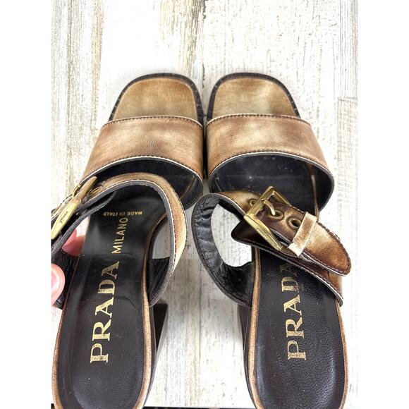 Prada womens 6 vintage block heel buckle sandals brown italy 2000 leather - Picture 6 of 8